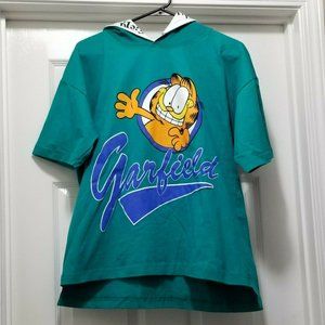 Vintage New Ross International Women's Garfield Hooded Teal Blue Shirt Women's L